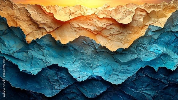 Obraz Wrinkled paper mountains beneath warm sky