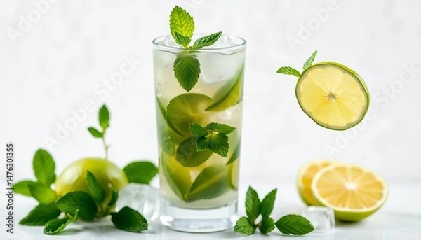 Fototapeta Refreshing mojito cocktail in tall glass, lime, mint, ice White background,  citrus,  ice cubes