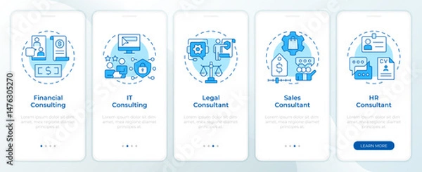 Obraz Consulting services blue onboarding mobile app screen. IT infrastructure. Walkthrough 5 steps editable graphic instructions with linear concepts. UI, UX, GUI. Montserrat SemiBold, Regular fonts used