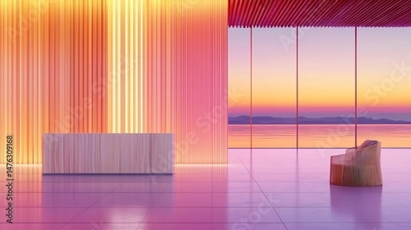 Obraz Modern interior design with a scenic view of the sea and gradient colors