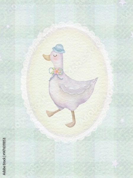 Fototapeta Cartoon of a light colored white duck on a pastel green plaid background.