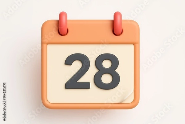 Fototapeta A 3d rendered calendar page displaying the date twenty-eight isolated on a clean white background