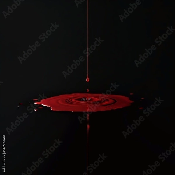 Fototapeta A single red blood droplet hangs above a small puddle, dripping into it and creating ripples on the surface, set against a stark black background.