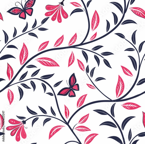 Fototapeta Elegant Pink and Navy Blue Floral Butterfly Seamless Pattern Vector for Fabric Design and Wallpaper Generative ai