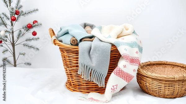 Fototapeta Basket filled with winter laundry on white background