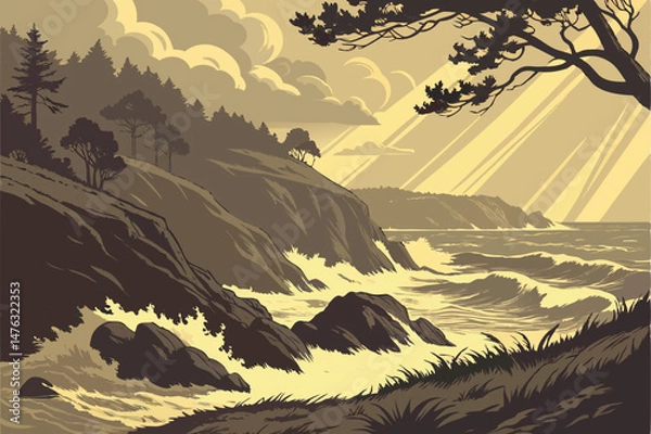 Obraz 39 dramatic stormy ocean waves crashing against rocky cliffs at sunset, dramatic and cinematic lighting, moody and atmospheric, detailed dramatic sky with clouds and rays of light, painterly detailed 