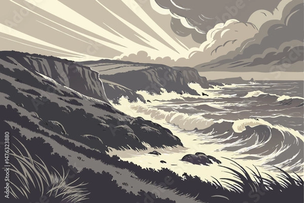 Obraz 39 dramatic stormy ocean waves crashing against rocky cliffs at sunset, dramatic and cinematic lighting, moody and atmospheric, detailed dramatic sky with clouds and rays of light, painterly detailed 