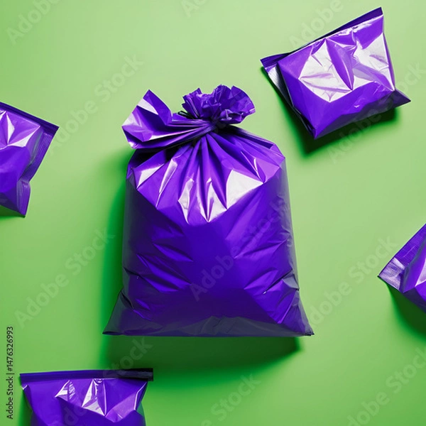 Fototapeta Unfolded garbage roll of tightly packed nonrecyclable purple trash bags on a vibrant lime green background, gradually