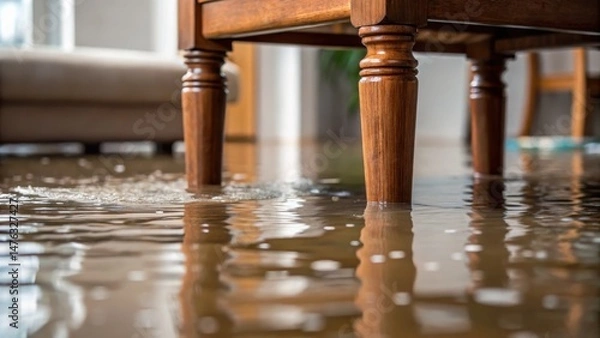Fototapeta Flash disaster damage Flooded room with furniture legs submerged in water, highlighting damage and disaster.