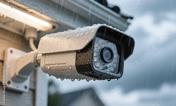 Obraz Weatherproof Security Camera with Water Droplets Mounted on Building Exterior Demonstrating Rain Resistance