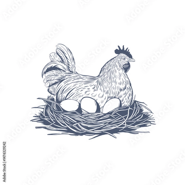 Obraz Laying hen sitting on eggs. Vector illustration in line style