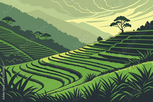 Obraz 41 lush green terraced rice fields, dramatic moody lighting, striking contrast between light and shadow, dramatic cinematic landscape, vibrant colors, intricate patterns, rolling hills, moody atmosphe