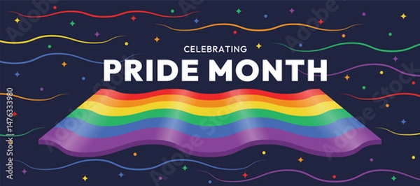 Fototapeta Celebrating pride month text and 3D perspective pride rainbow flag wave on dark background vector design