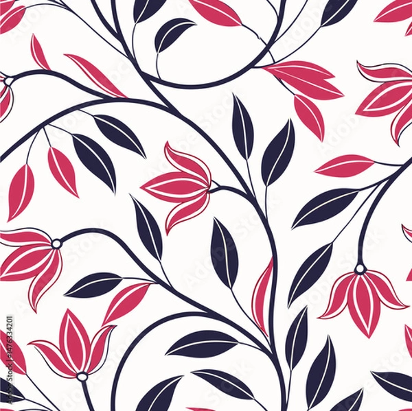 Fototapeta Elegant Pink and Navy Floral Vine Seamless Pattern Vector for Textile, Wallpaper and Surface Design Generative ai