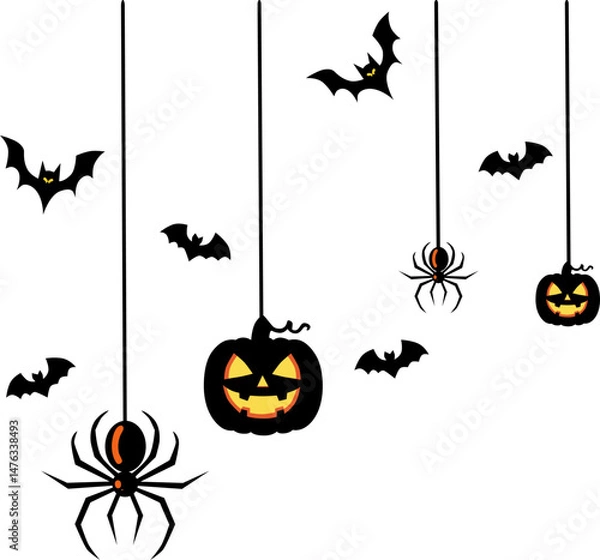Fototapeta Halloween party background with scary pumpkin face, bats and spiders hanging from above, isolated on transparent background, template for poster, brochure, promotion, marketing. Vector illustration.