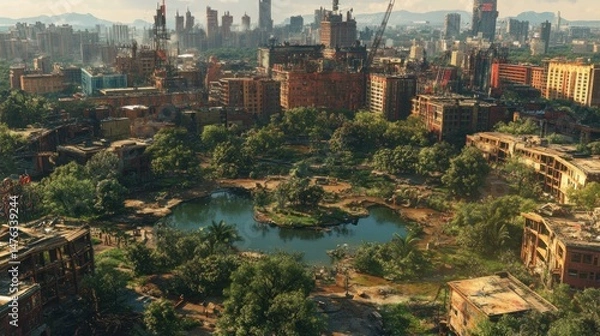 Fototapeta Post-apocalyptic cityscape with overgrown park