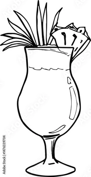 Fototapeta Pina colada coctail drink with pineapple outline clipart bar menu