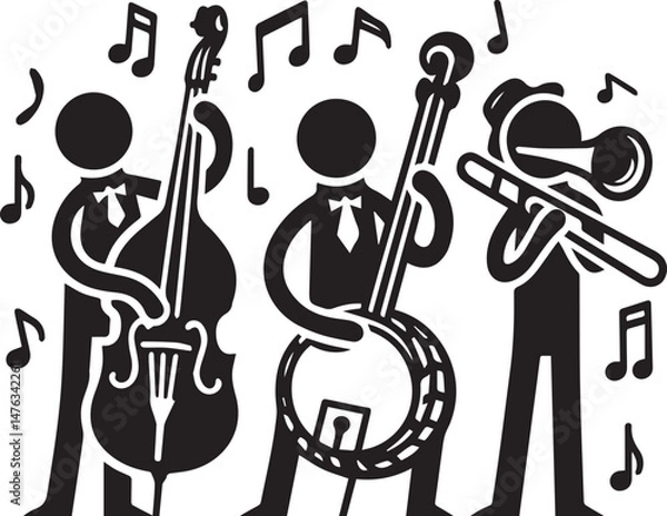 Fototapeta "Black and White Jazz Band Vector Illustration with Musical Instruments"