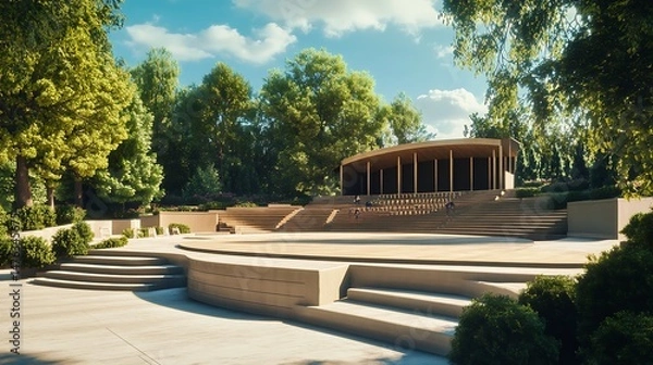 Fototapeta Outdoor amphitheater with stage and tiered seating surrounded by trees