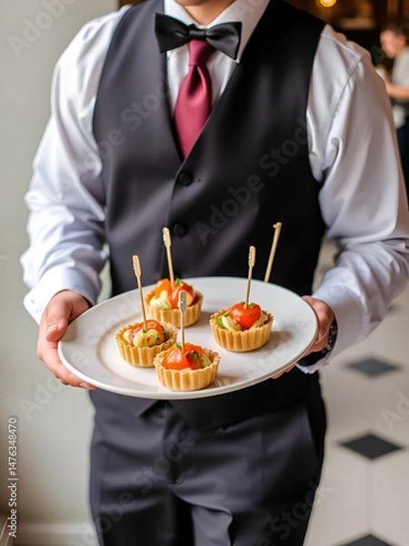 Fototapeta Waiter carrying appetizers on a plate