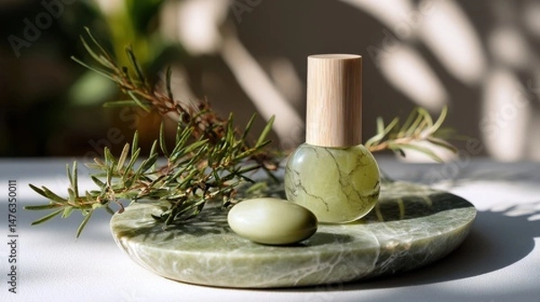 Fototapeta A green bottle of lotion sits on a marble slab with a green stone