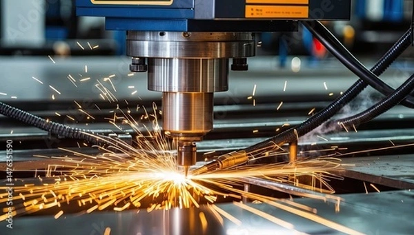Fototapeta CNC Machine Cutting Metal with Bright Sparks Flying in an Industrial Workshop