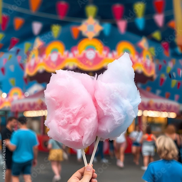 Fototapeta Bright cotton candy in pastel pink and blue held up against a festive backdrop of colorful decorations and blurred fairgoers enjoying the carnival atmosphere