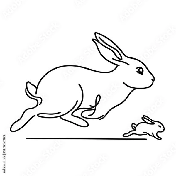 Obraz Running Rabbits  A Mother and Baby Hare Line Art