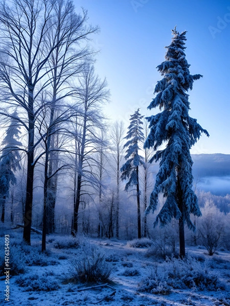 Fototapeta frosty landscape with trees