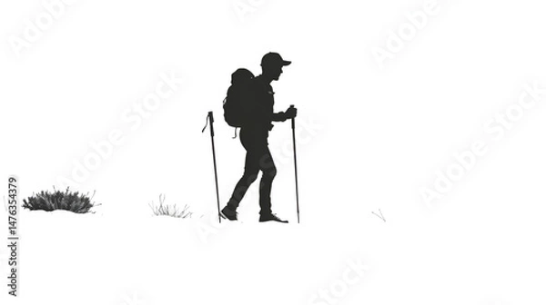 Fototapeta Silhouette of hiker with backpack using trekking poles walking outdoors on white background
