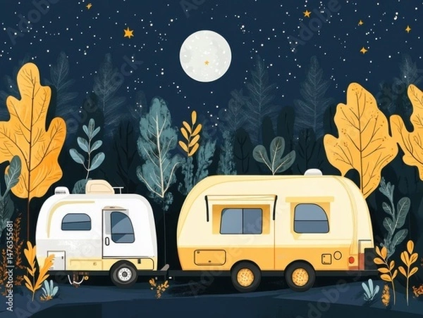 Fototapeta Two campers parked in forest under moonlit starry sky at night illustration style
