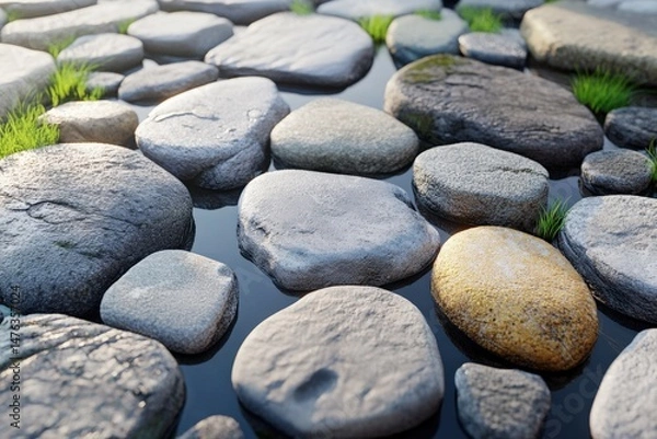 Fototapeta A 90 degree overhead view showcases smooth river stones in various shades of gray and beige