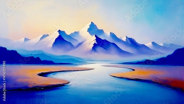 Obraz Minimalist impressionist painting of mountains and rivers