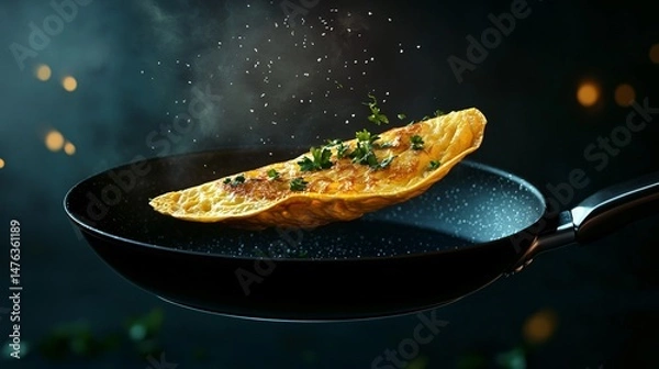 Obraz Flipping Delicious Omelette with Herbs in a Frying Pan