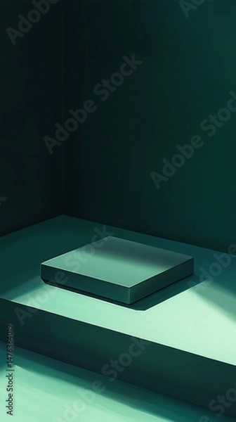Obraz Minimalist composition: Square platform bathed in teal light within a geometric space