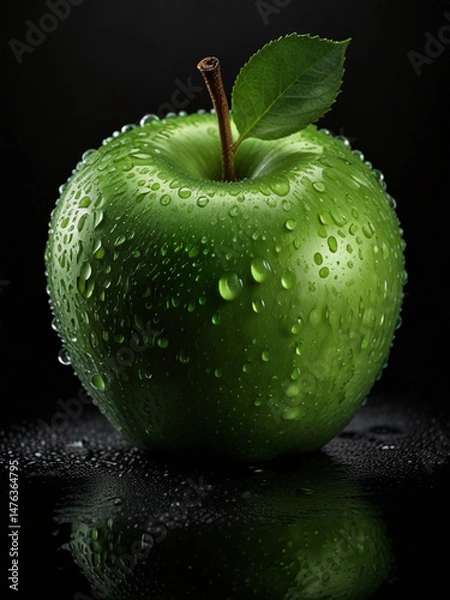 Fototapeta Photorealistic Macro Closeup of a Fresh Green Apple with Water Droplets on Dark Background