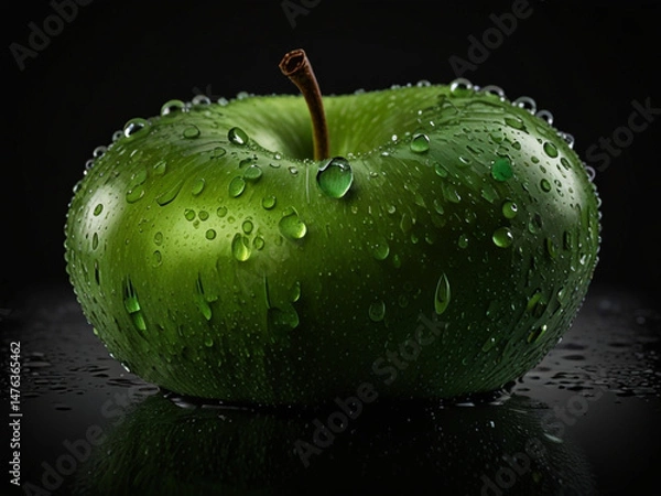 Fototapeta Photorealistic Macro Closeup of a Fresh Green Apple with Water Droplets on Dark Background