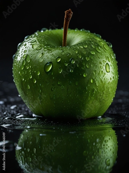 Fototapeta Photorealistic Macro Closeup of a Fresh Green Apple with Water Droplets on Dark Background