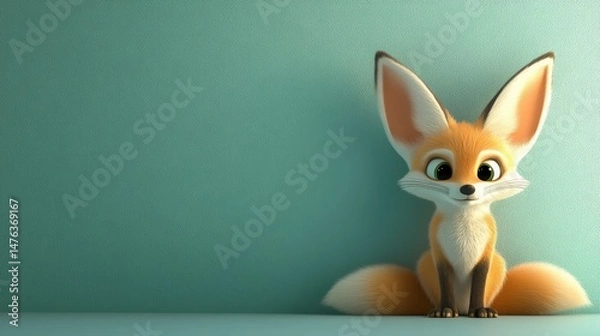 Obraz Adorable cartoon fox sitting against a teal wall, looking to the right.