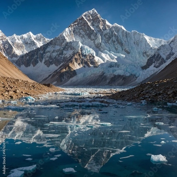 Fototapeta A panoramic view of the Everest massif with Lhotse standing proudly beside it, its jagged peak glinting under the morning sun, mirrored in a frozen glacial lake below.