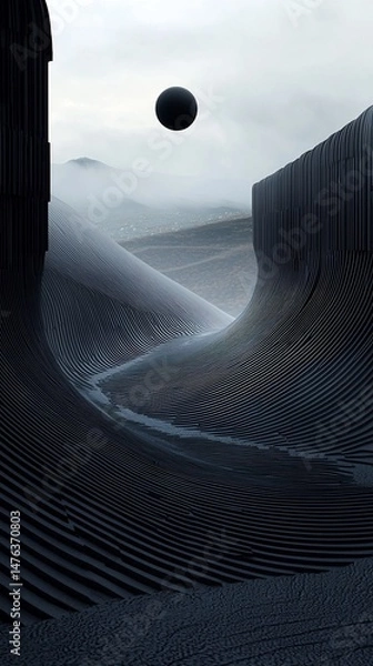 Obraz Abstract monochromatic artwork depicting a surreal landscape with geometric structures and a floating sphere