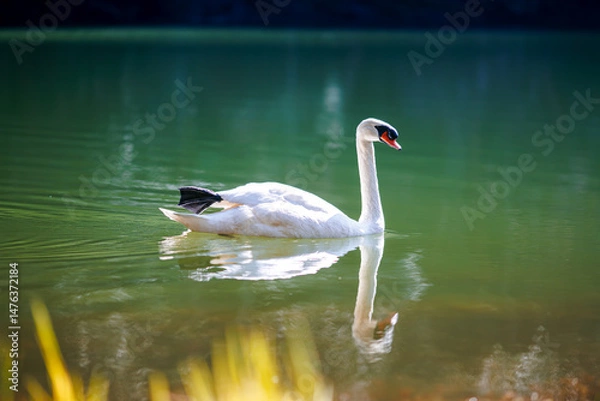 Fototapeta  A graceful white swan glides across a tranquil lake, its reflection shimmering in the calm water.