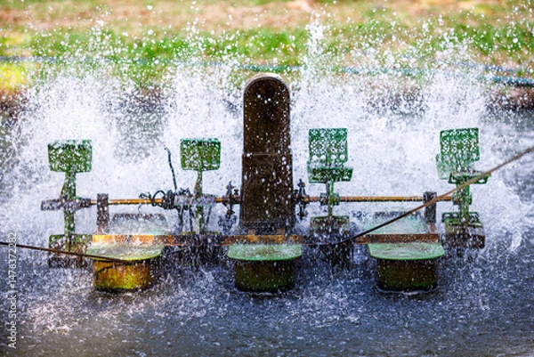 Fototapeta a water wheel aerator spinning and splashing in a pond, surrounded by green leaves and trees, creating oxygen for aquaculture and improving water quality in rural area