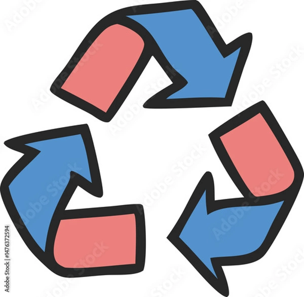 Fototapeta Colorful Hand-Drawn Recycling Symbol with Blue and Red Arrows, recycle icon, reuse icon, vector, Recycling symbol, eco-friendly design
