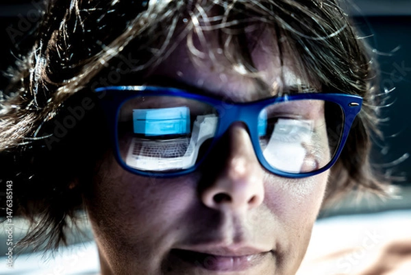 Fototapeta Beautiful Business Woman Face with Eyeglasses Reflection When She is Working on Her Laptop in Switzerland.