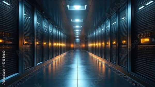 Fototapeta Futuristic server room corridor illuminated by glowing lights.