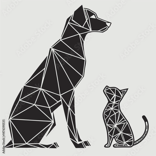 Fototapeta Modern Geometric Dog and Cat Low Poly Silhouette Vector Artwork in Black and White generative ai