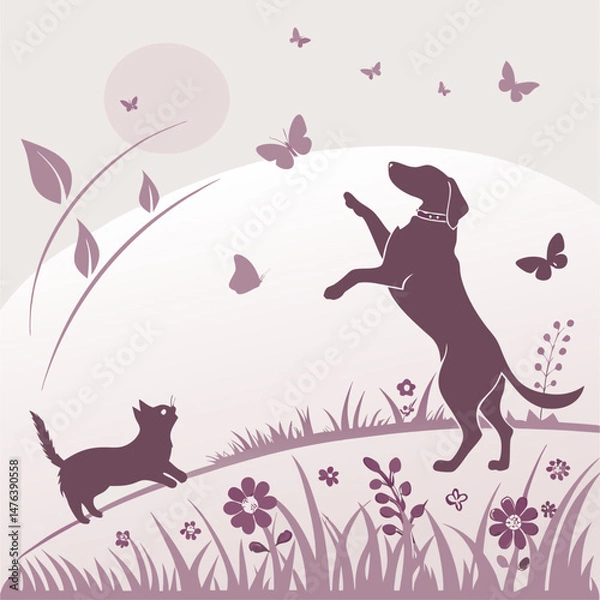 Fototapeta Playful Dog and Cat Silhouettes with Butterflies in Whimsical Purple Garden Vector Illustration generative ai