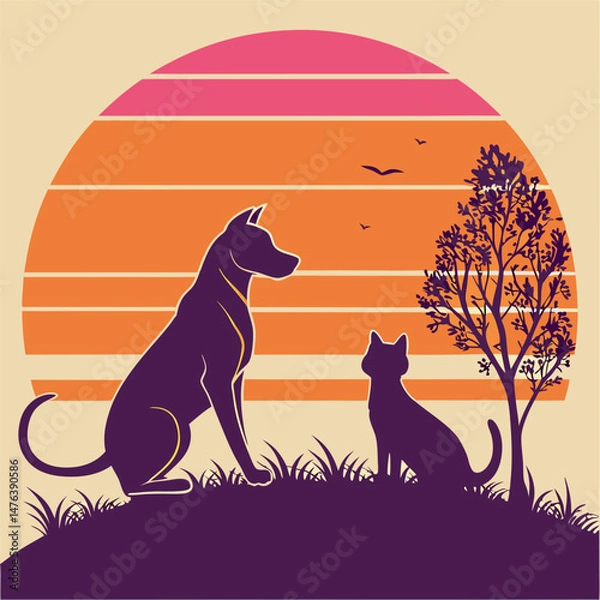 Fototapeta Retro Sunset Dog and Cat Silhouette T-shirt Design with Vintage Orange Gradient Vector Illustration generative ai