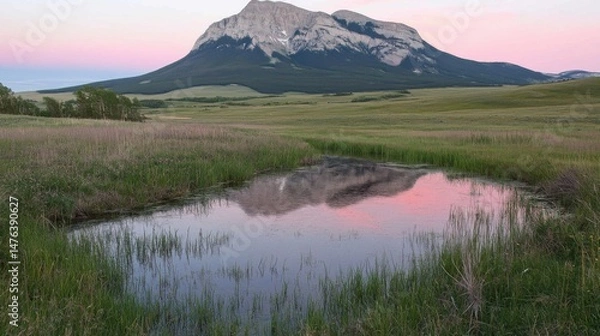 Fototapeta Scenic Montana Landscape at Sunset Featuring Mountain Reflection in Pond from Eye Level Viewpoint